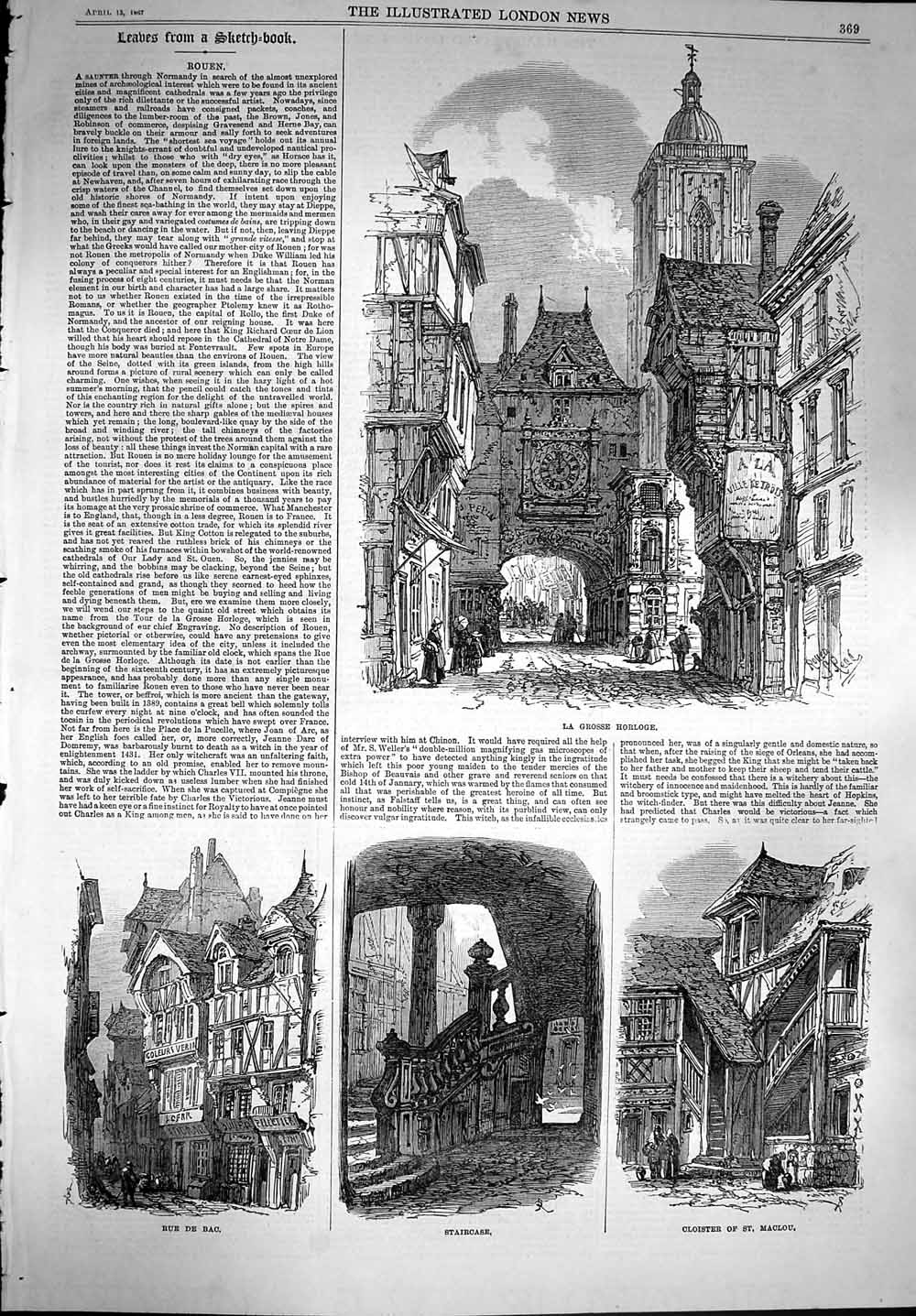 Original Old Antique Print 1867 Rouen Grosse Horloge Cloister Maclou Rue De Bac