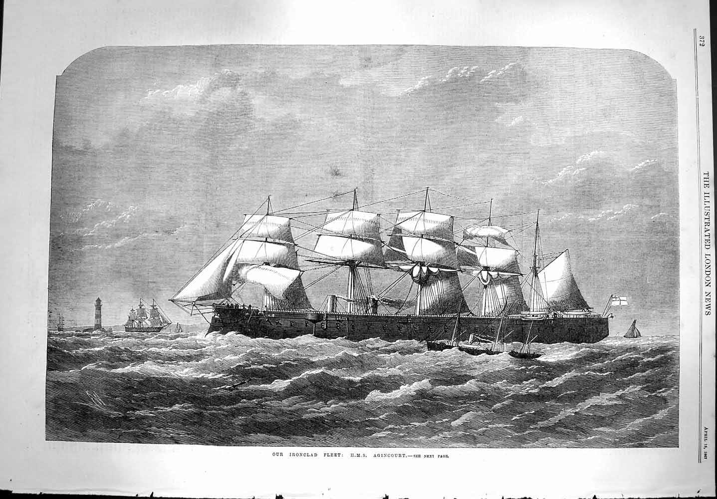 Original Old Antique Print 1867 Ironclad Fleet Ship H.M.S. Agincourt Fine Art