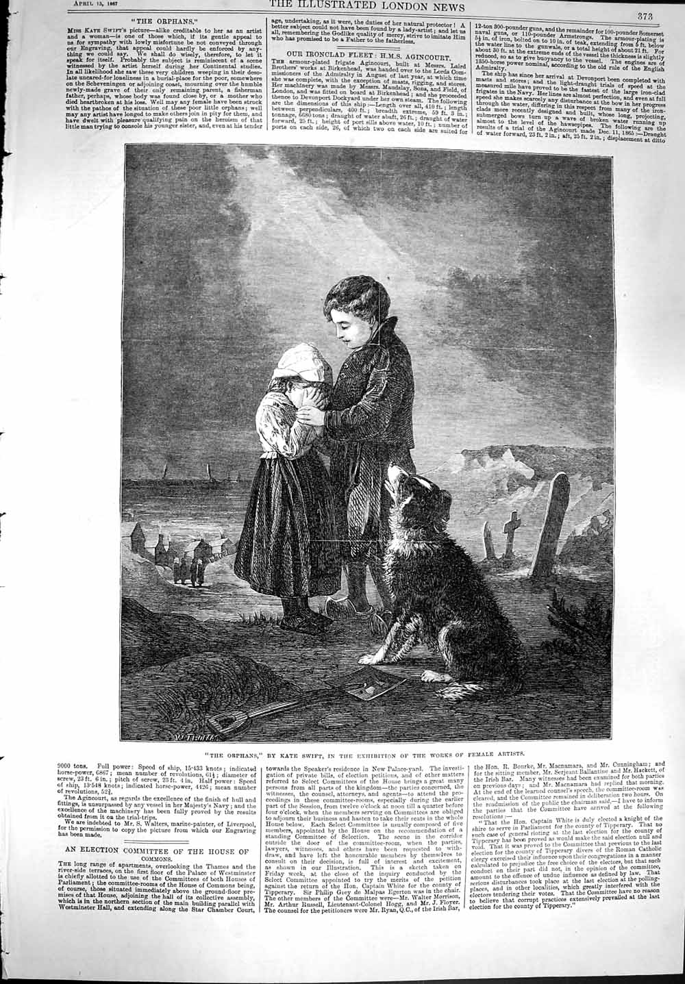 Original Old Antique Print 1867 Orphan Children Grave Churchyard Dog Kate Swift