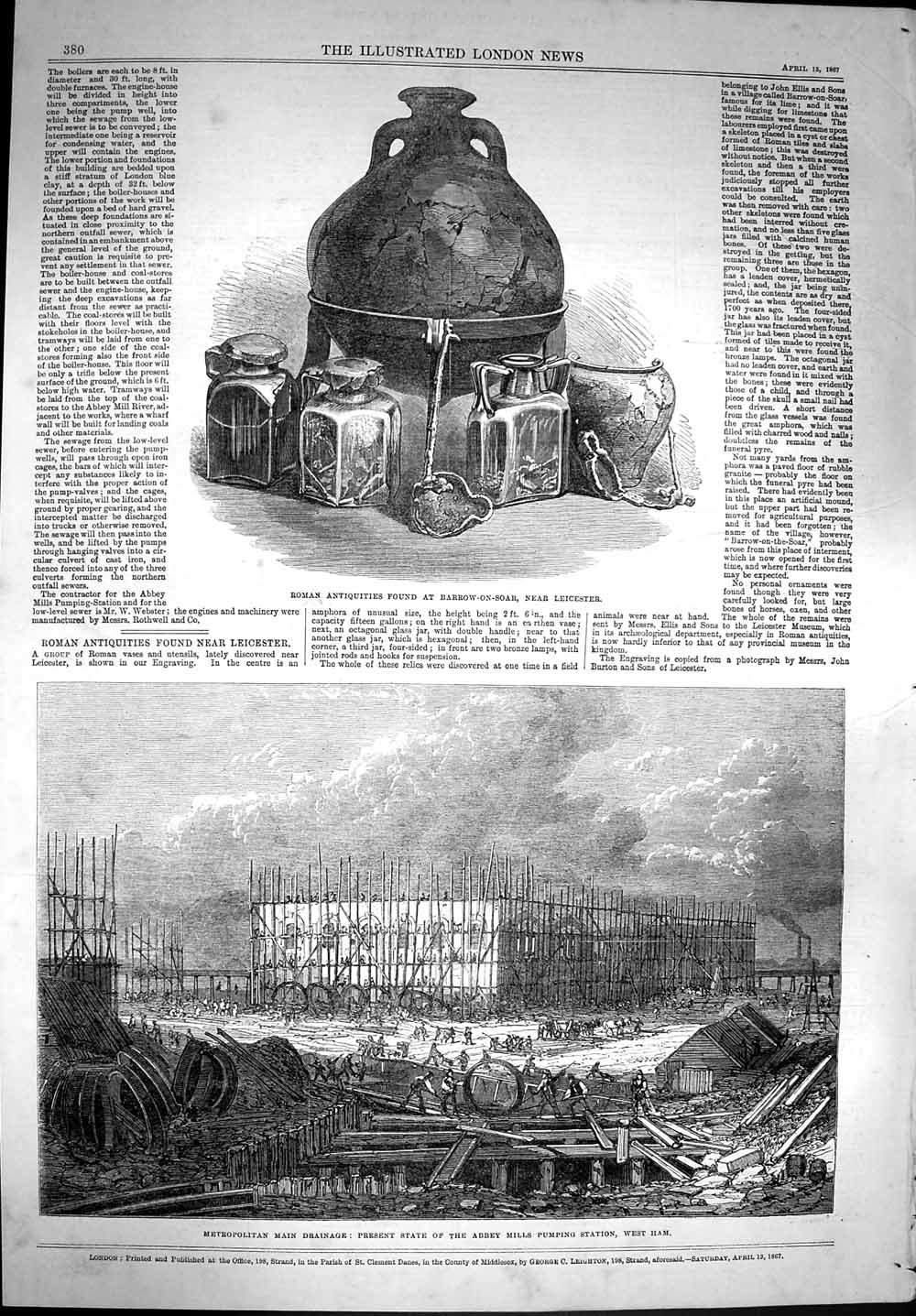 Original Old Antique Print 1867 Abbey Mills Pumping Station Roman Antiquities