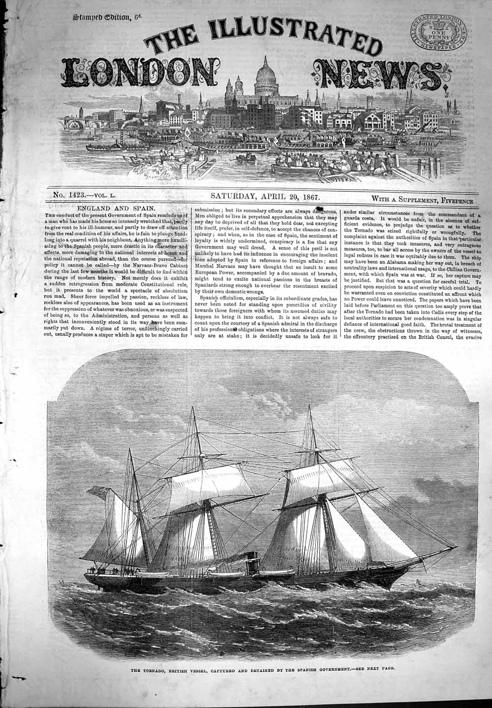 Original Old Antique Print 1867 Tornado British Ship Spanish Government 19th