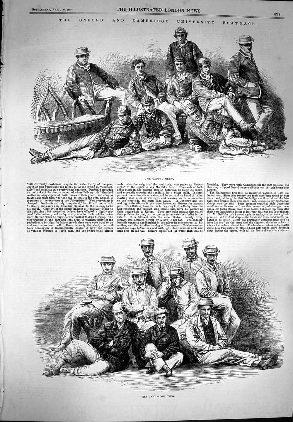 Original Old Antique Print 1867 Oxford Cambridge Boat Race Crew Sandhills Sport