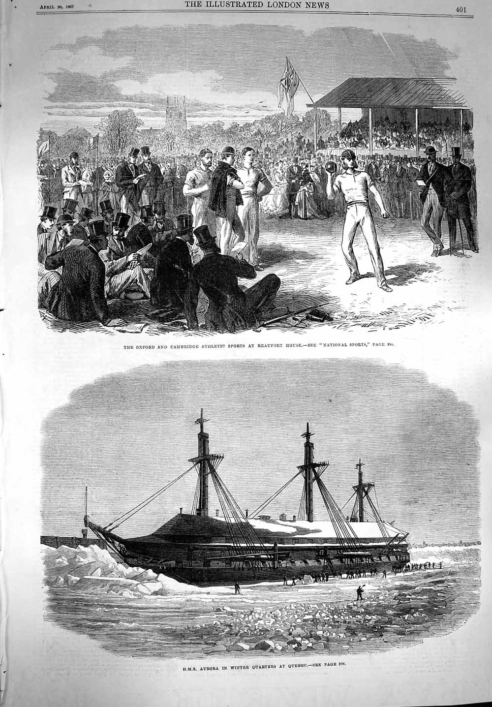 Old Antique Print 1867 Oxford Cambridge Athletic Sport Ship Aurora Quebec 19th