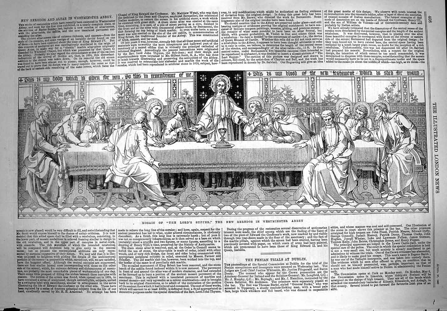 Original Old Antique Print 1867 Mosaic Lord' Supper Reredos Westminster Abbey