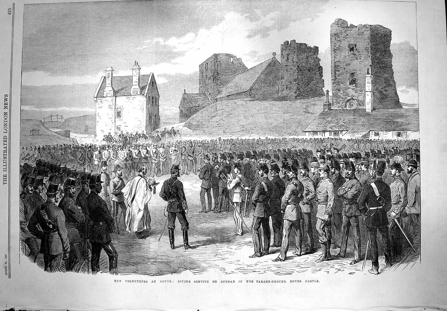 Original Old Antique Print 1867 Volunteers Dover Sunday Service Parade Castle