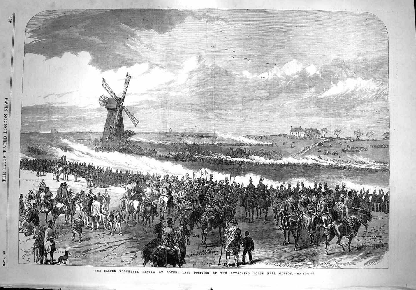 Original Old Antique Print 1867 Easter Volunteer Review Dover Windmill Victorian