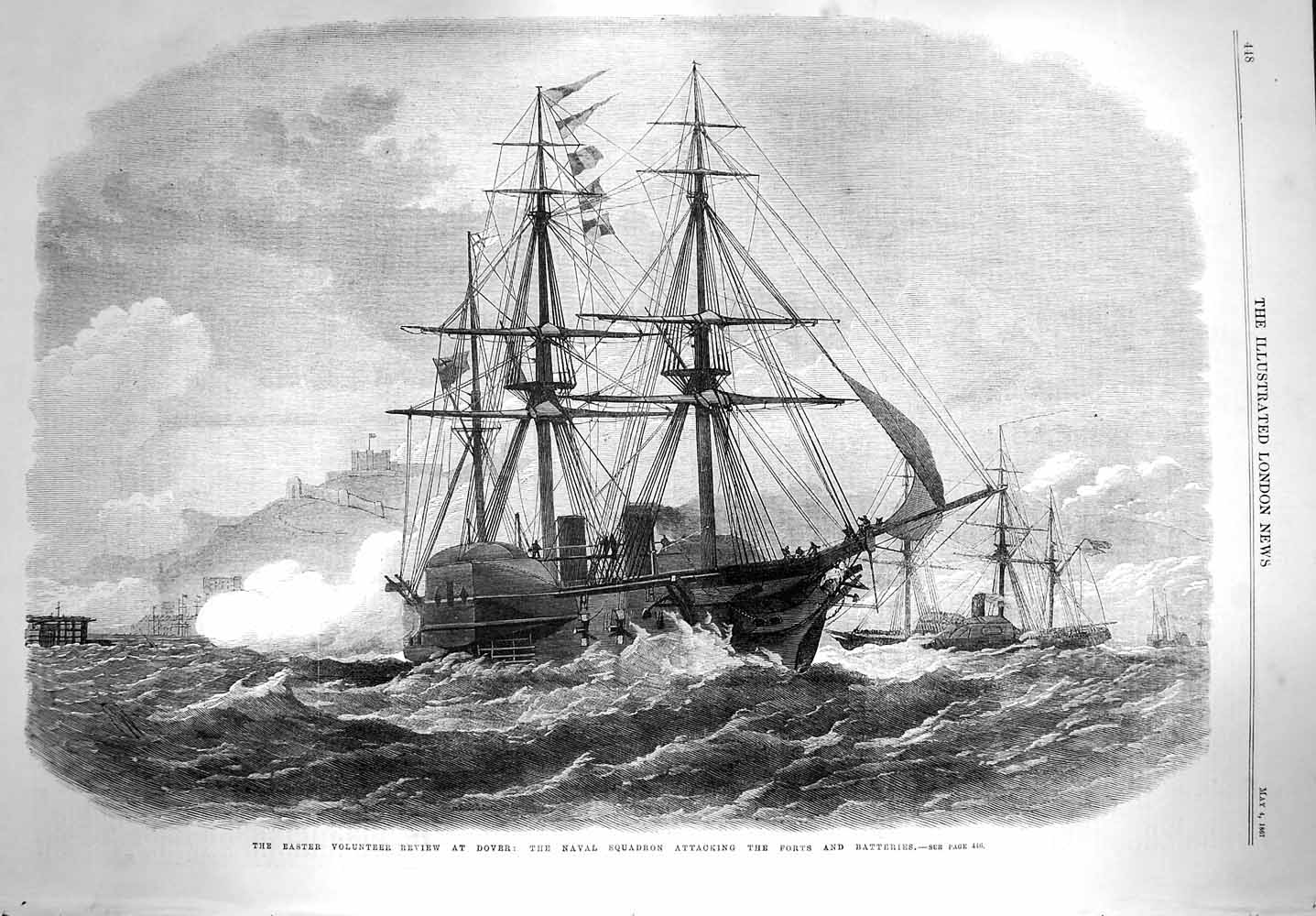 Original Old Antique Print 1867 Easter Volunteer Review Dover Naval War Ships