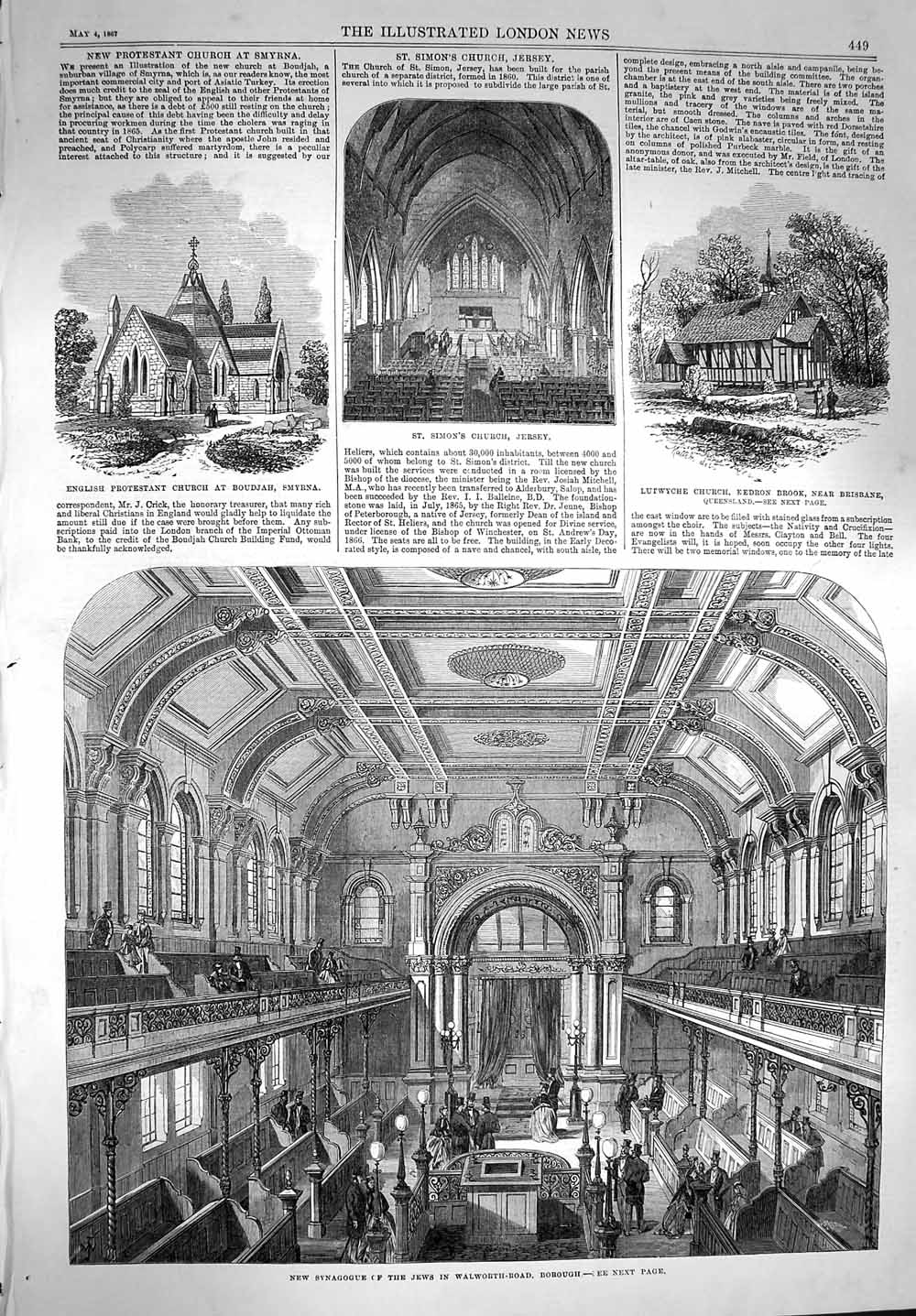 Original Old Antique Print 1867 Synagogue Jews Walworth Borough Church Jersey