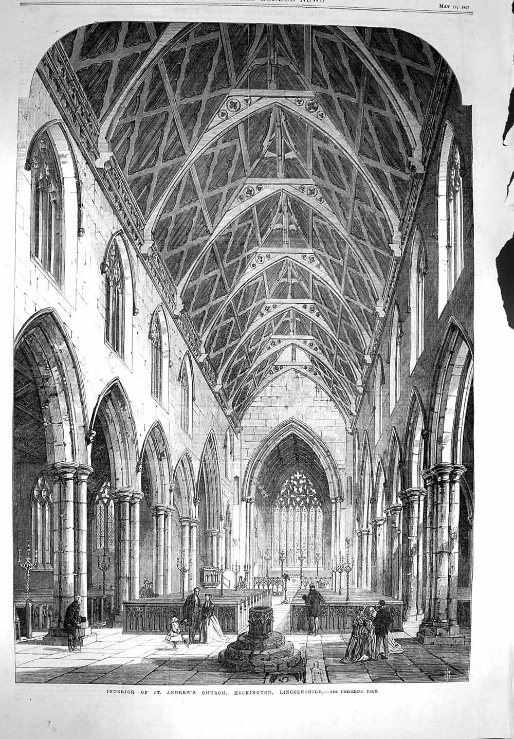 Antique Old Print *3614 1867 Interior Andrews Church Heckington Lincolnshire