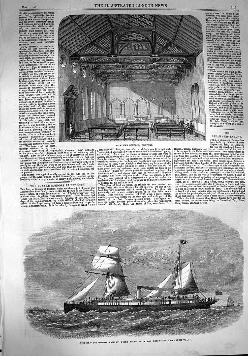 Original Old Antique Print 1867 Bunyan School Bedford Steam Ship Lamont Glasgow