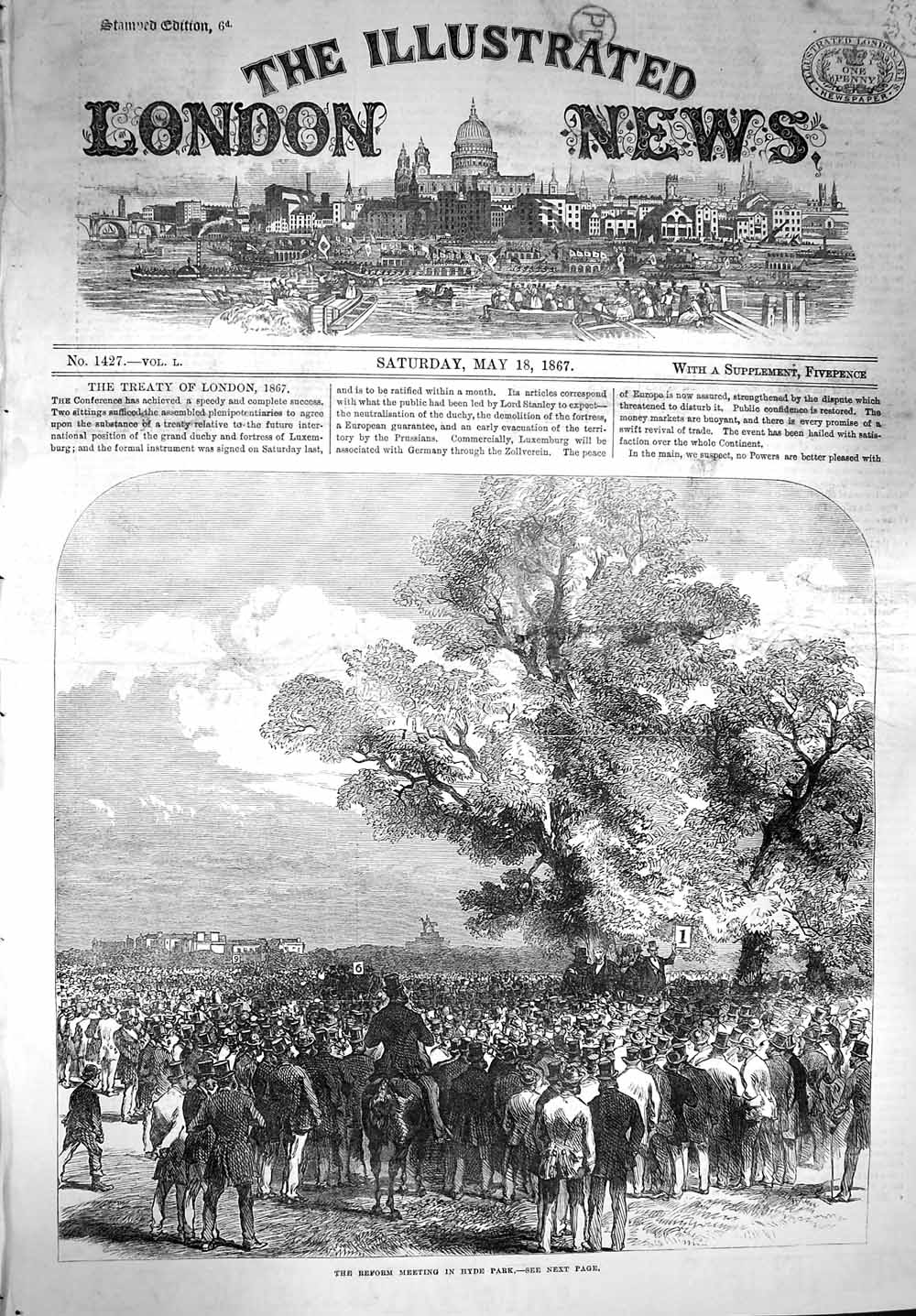 Original Old Antique Print 1867 Reform Meeting Hyde Park Horses 19th