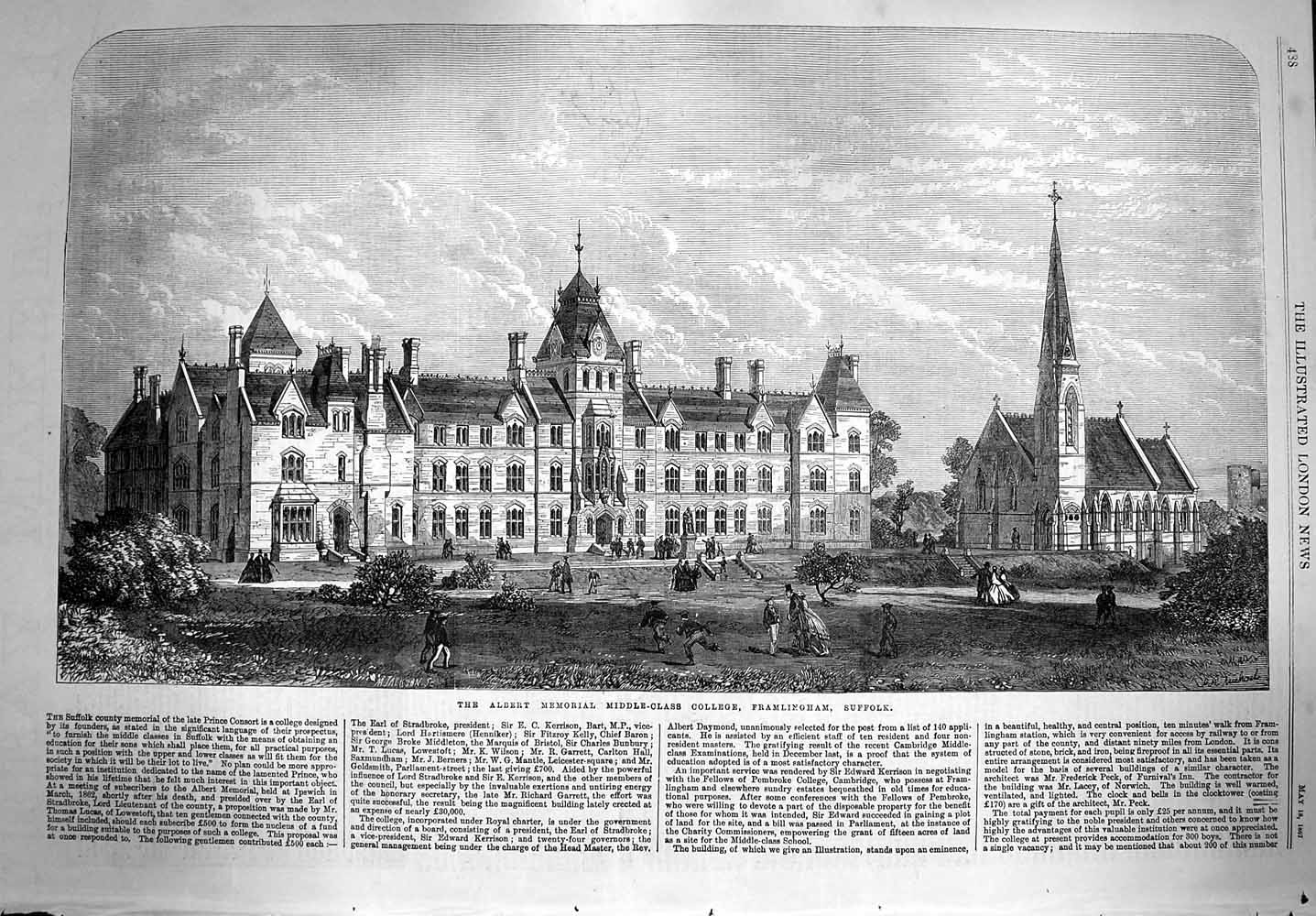 Original Old Antique Print 1867 Albert Memorial Middle-Class College Fram 19th