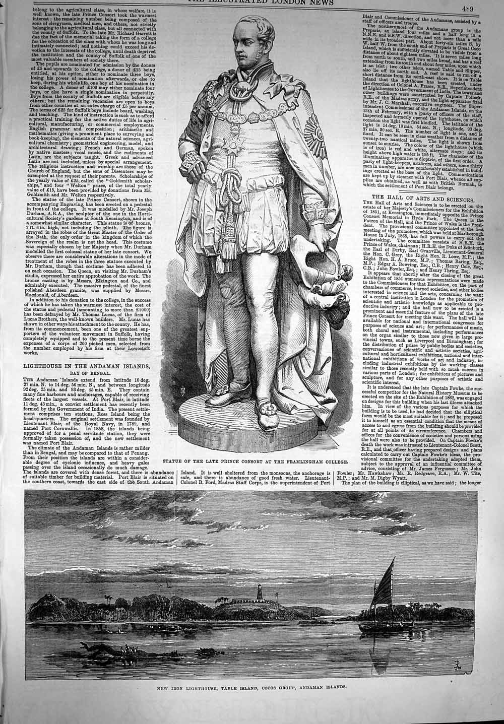 Original Old Antique Print 1867 Prince Consort Framlingham Lighthouse Andaman