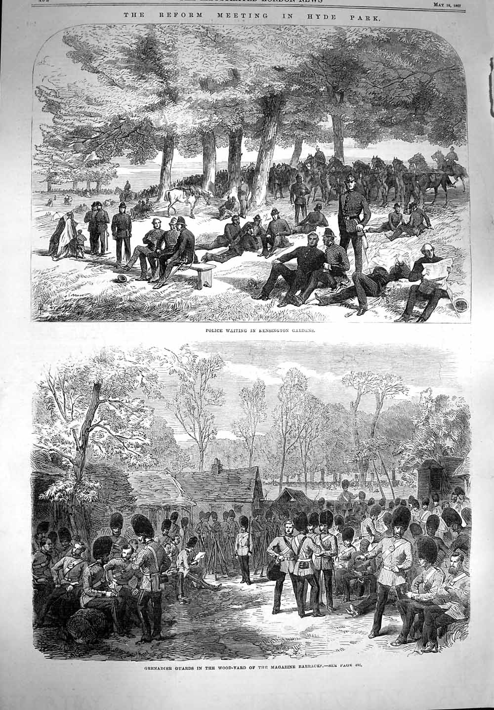 Old Antique Print 1867 Reform Hyde Park Police Kensington Gardens Guards 19th