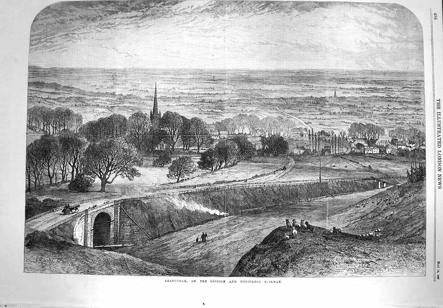 Original Old Antique Print 1867 View Leadenham Lincoln Honington Railwa 19th