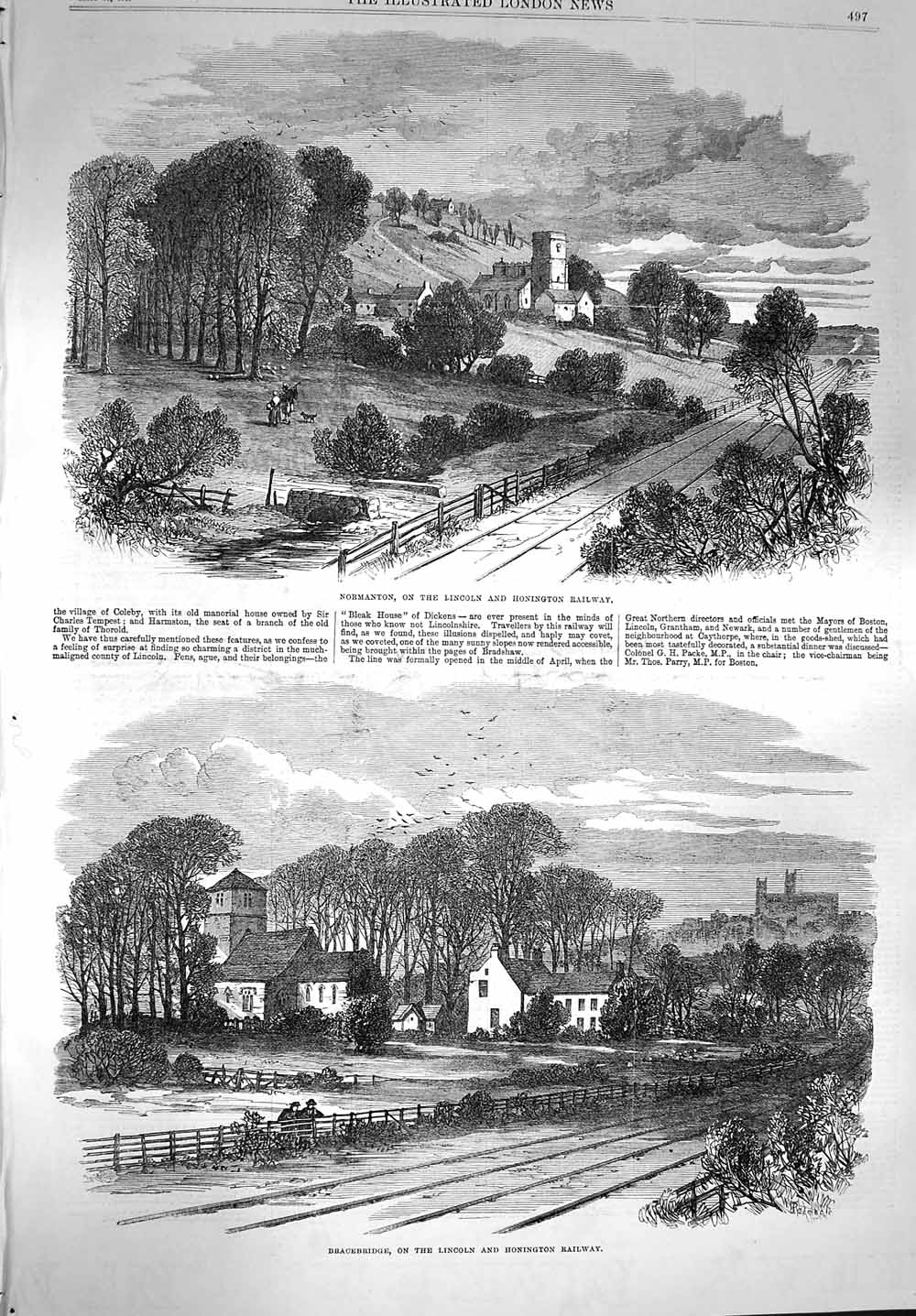 Original Old Antique Print 1867 Normanton Honington Railway Bracebridge Lincoln