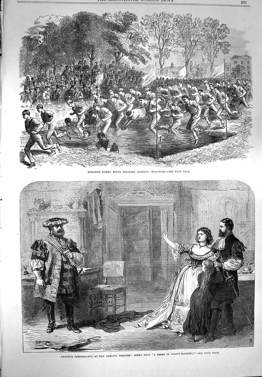 Original Old Antique Print 1867 Athletic Games Woolwich Adelphi Theatre Sheep