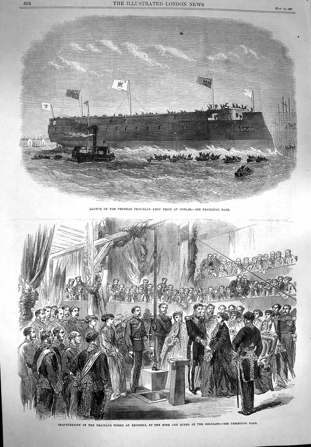 Original Old Antique Print 1867 Prussian Ironclad Ship Kron Prinz King Belgians