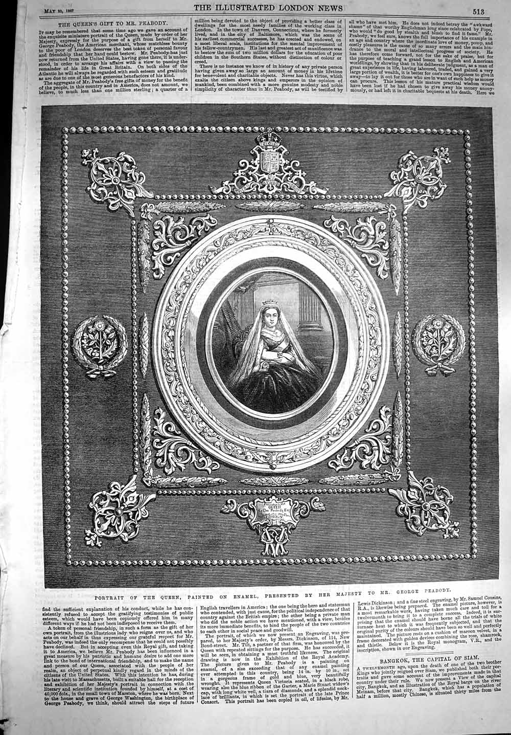 Original Old Antique Print 1867 Portrait Queen Painted Enamel George Peabody