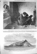 Original Old Antique Print 1867 Pitcairn Island Pacific Ship Bounty Church Monk