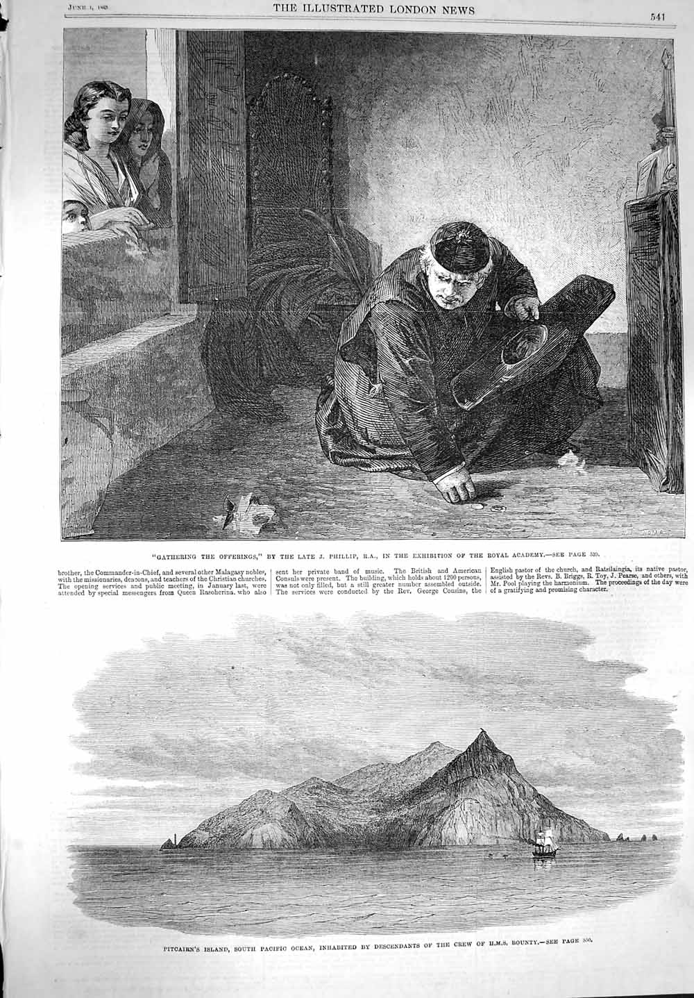 Original Old Antique Print 1867 Pitcairn Island Pacific Ship Bounty Church Monk