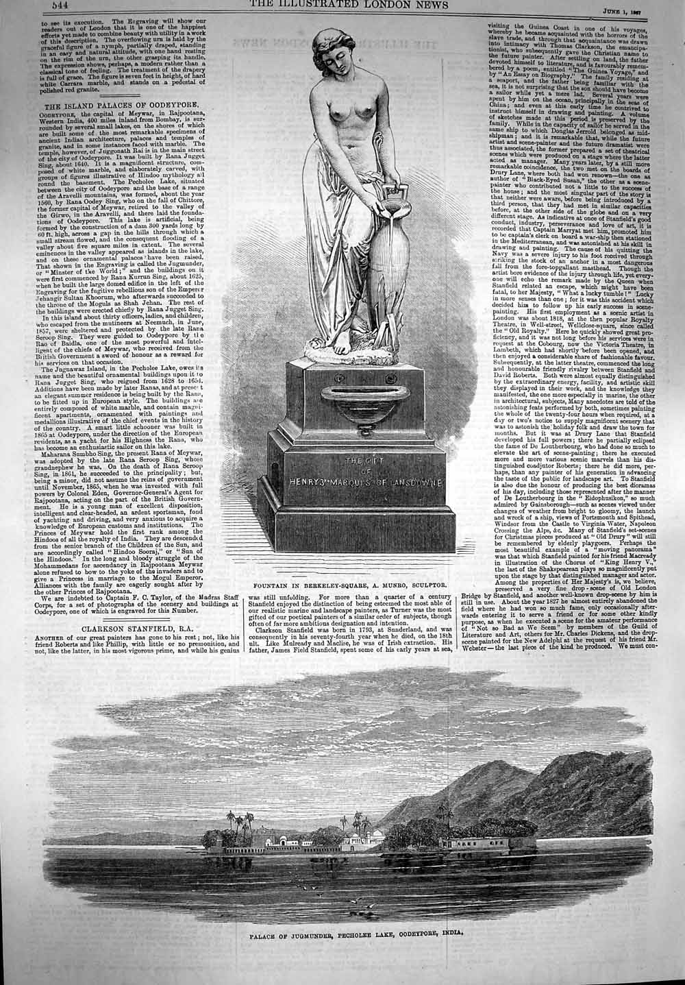 Original Old Antique Print 1867 Fountain Berkeley-Sqaure Munro Jugmunder India