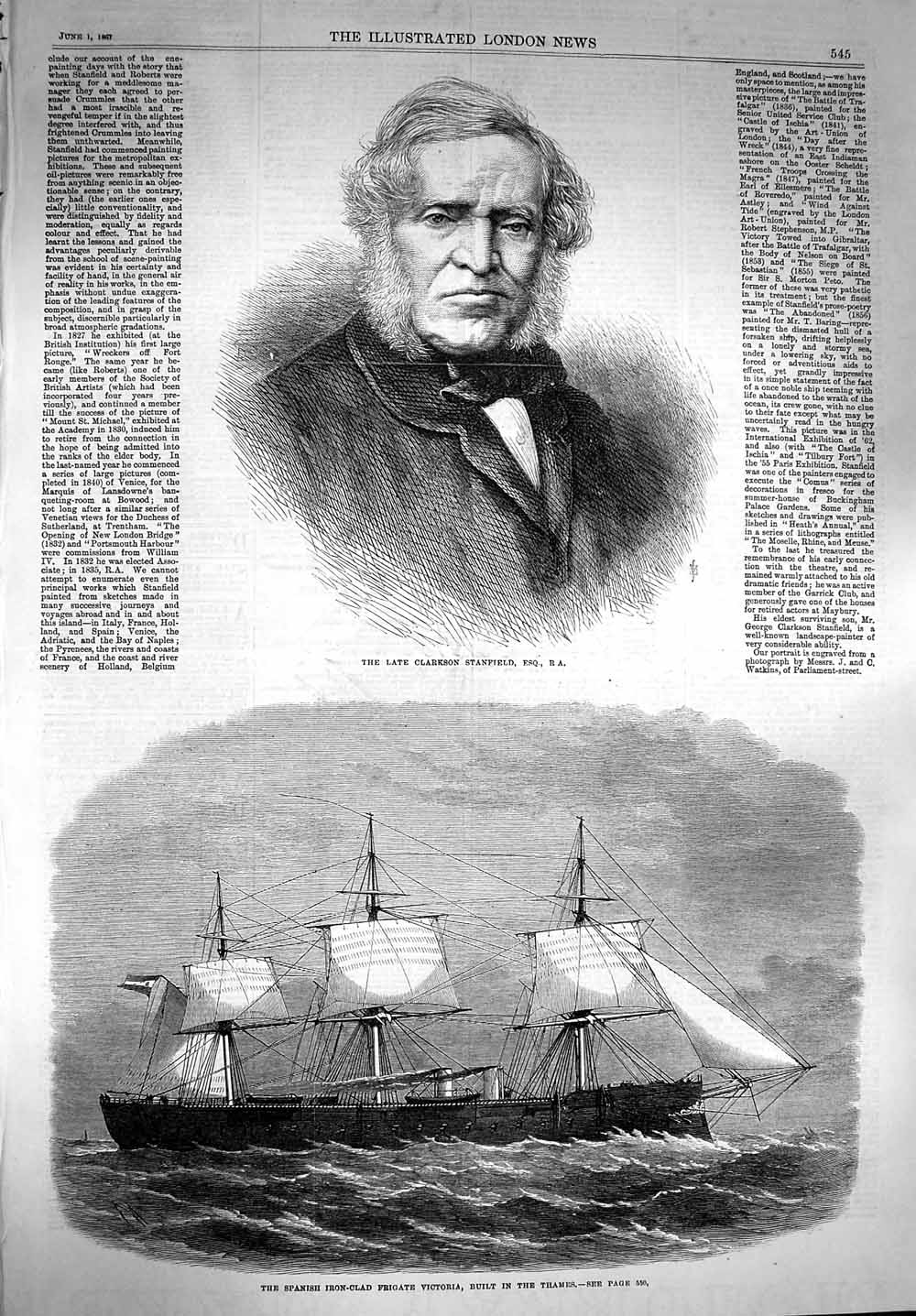 Original Old Antique Print 1867 Clarkson Stanfield Ship Frigate Victoria 19th