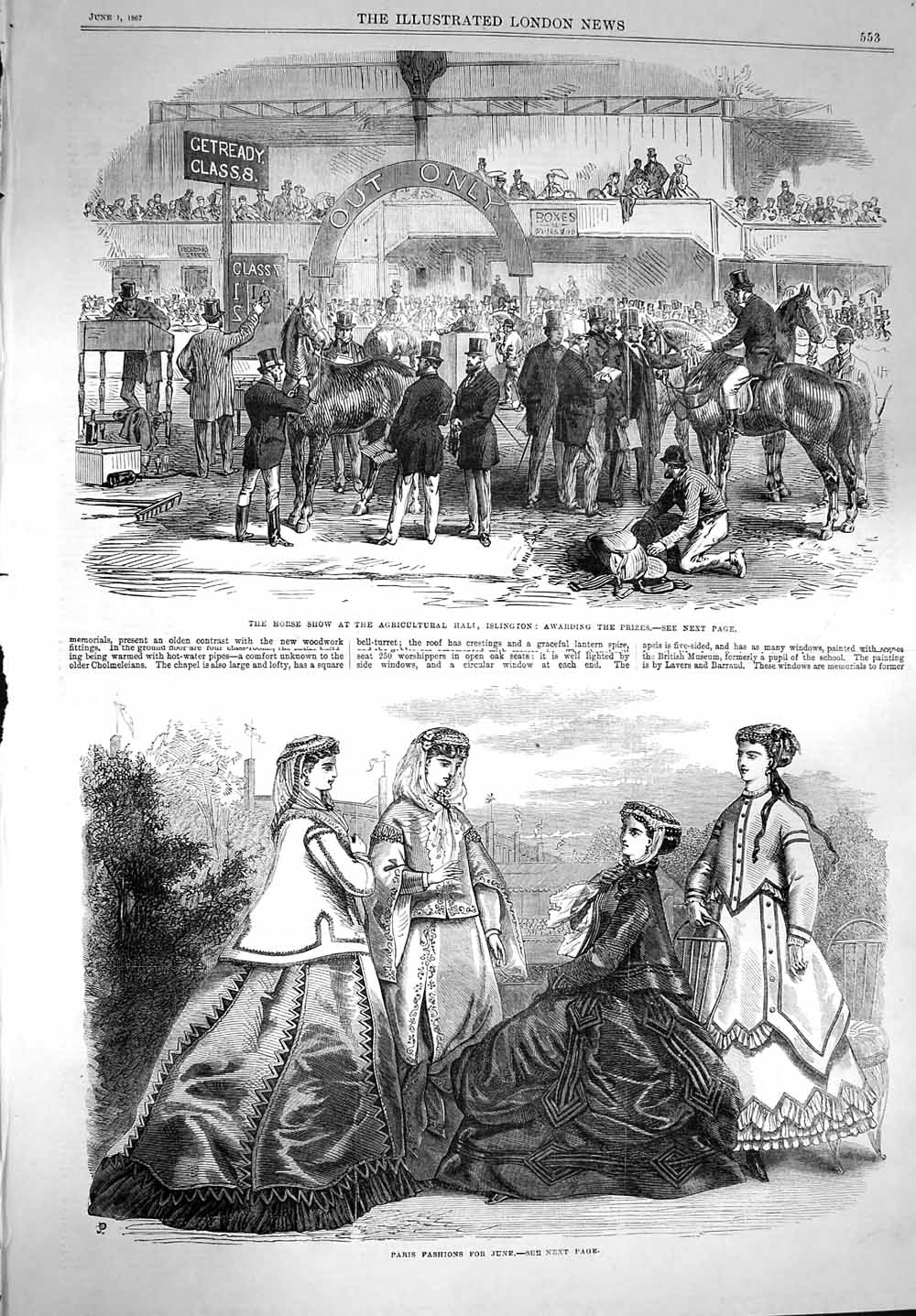 Original Old Antique Print 1867 Horse Show Agricultural Islington Paris Fashion
