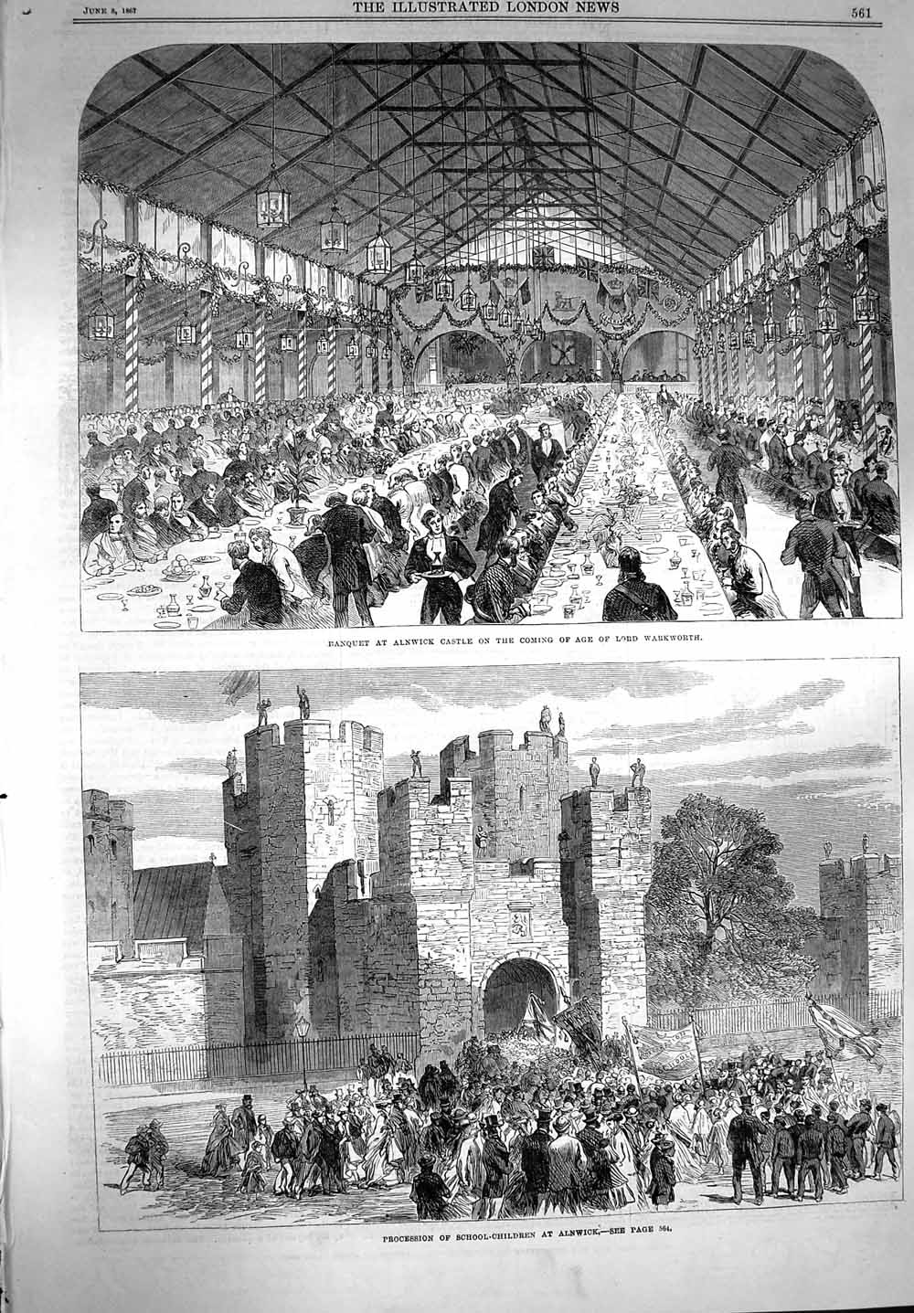 Antique Old Print *3616 1867 Banquet Alnwick Castle Lord Warkworth Children