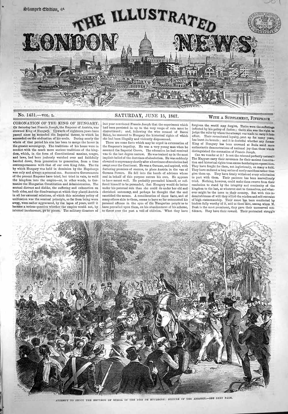 Antique Old Print *3617 1867 Attempt Shoot Emperor Russia Bois De Boulogne