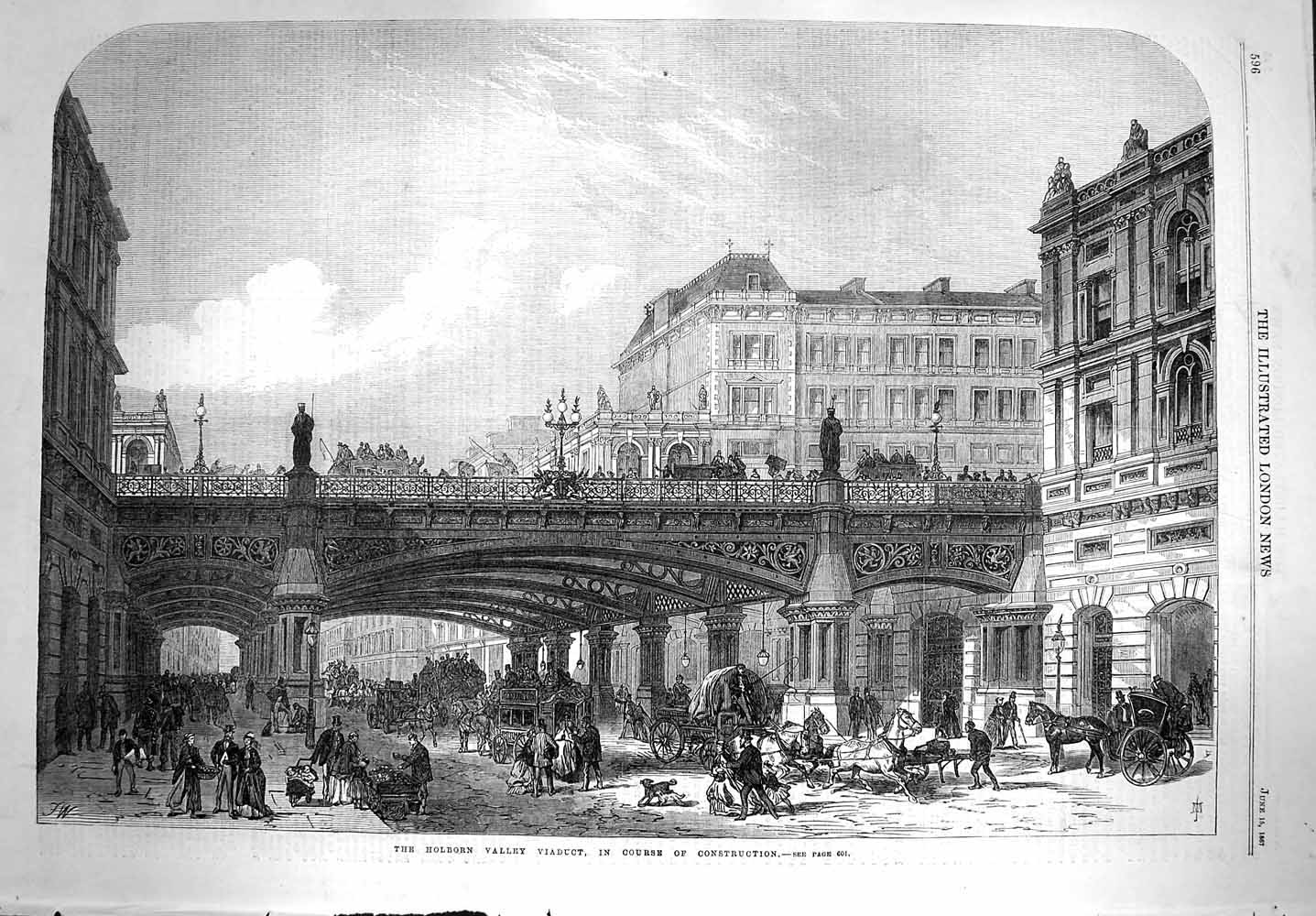 Old Antique Print 1867 Holborn Valley Viaduct Contruction Bridge Fine Art 19th