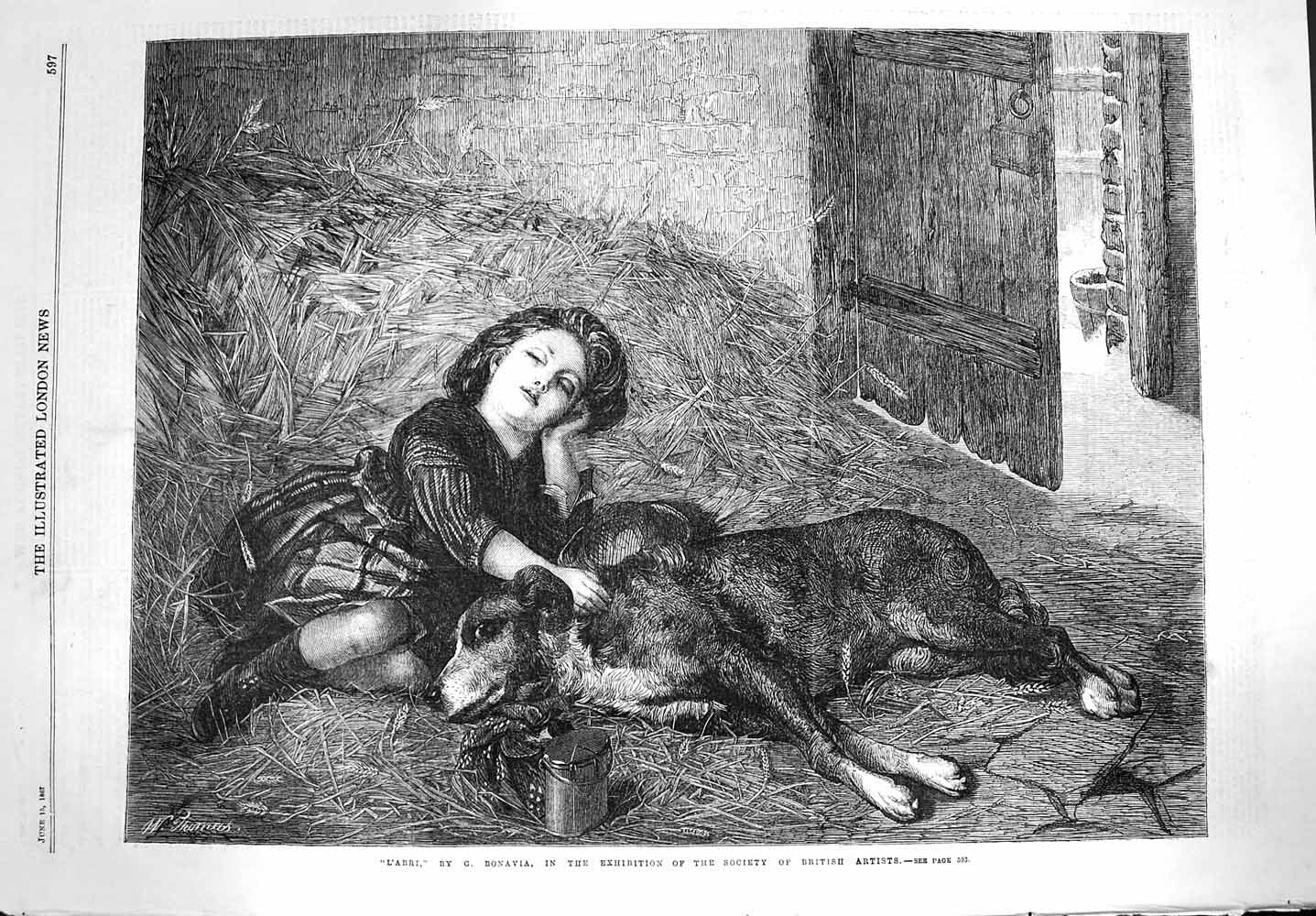 Original Old Antique Print 1867 L'Abri Young Girl Dog Farm Barn Fine Art 19th