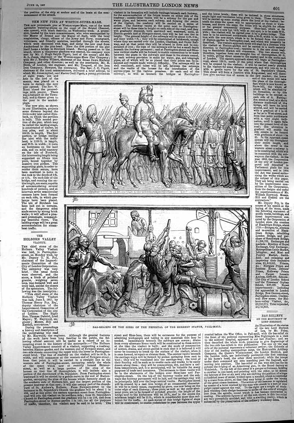 Antique Old Print *3619 1867 Bas-Reliefs Pedestal Herbert Statue Pall-Mall