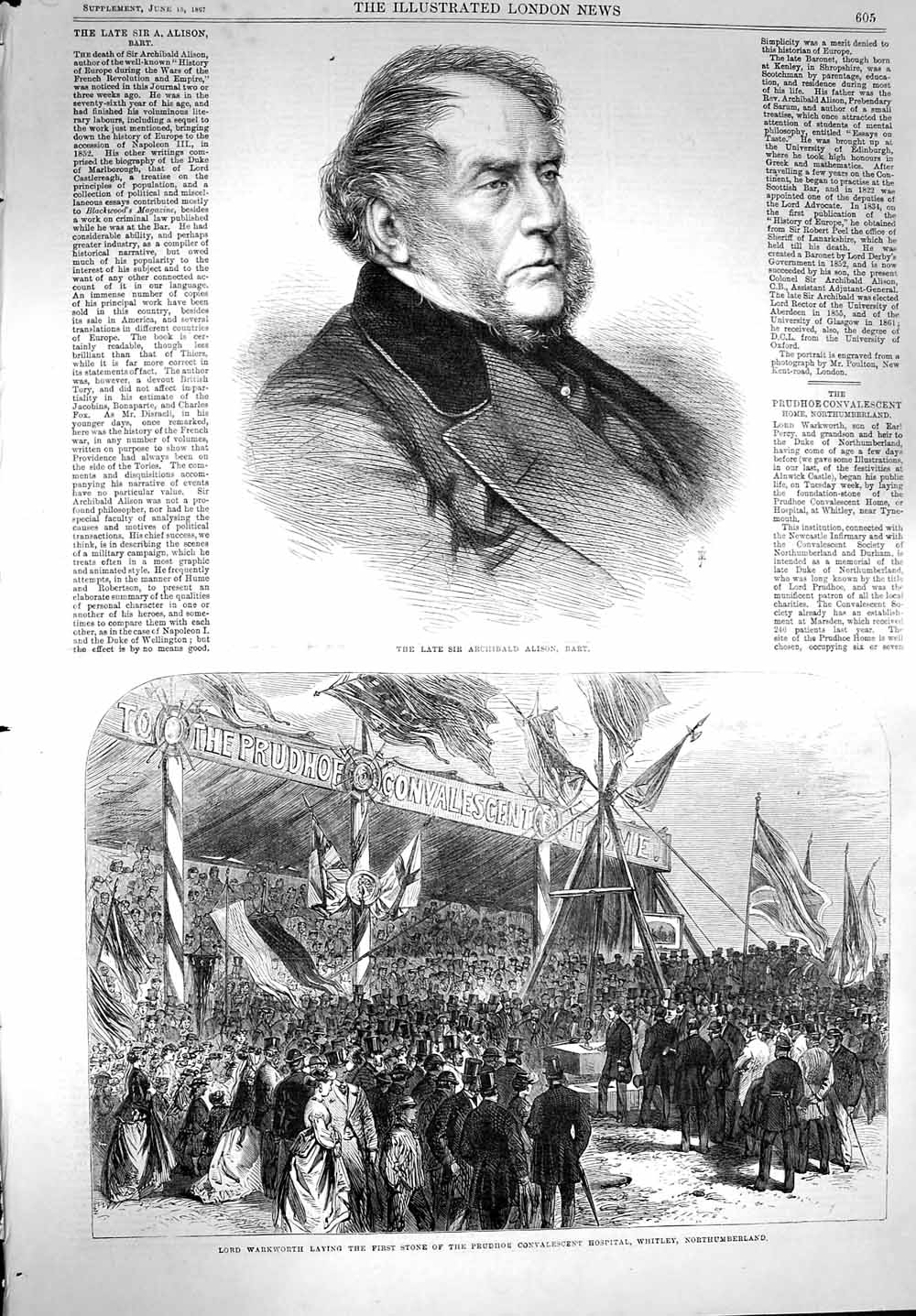 Antique Old Print *3620 1867 Archibald Alison Lord Warkworth Prudhoe Hospital
