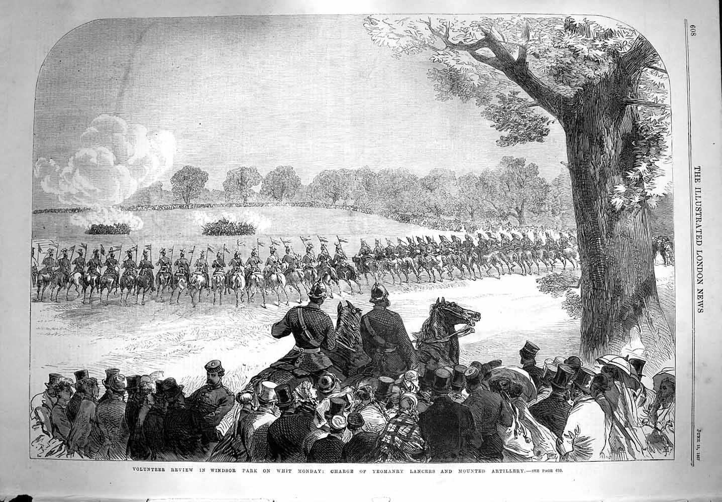 Original Old Antique Print 1867 Volunteer Review Windsor Park Artillery Lancers