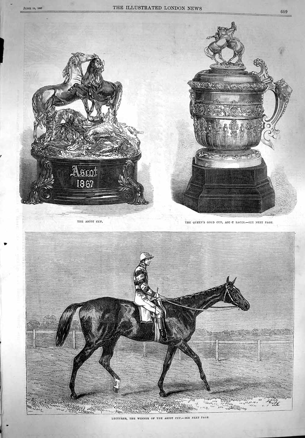 Original Old Antique Print 1867 Lecturer Horse Ascot Races Cup Queen'S GSport