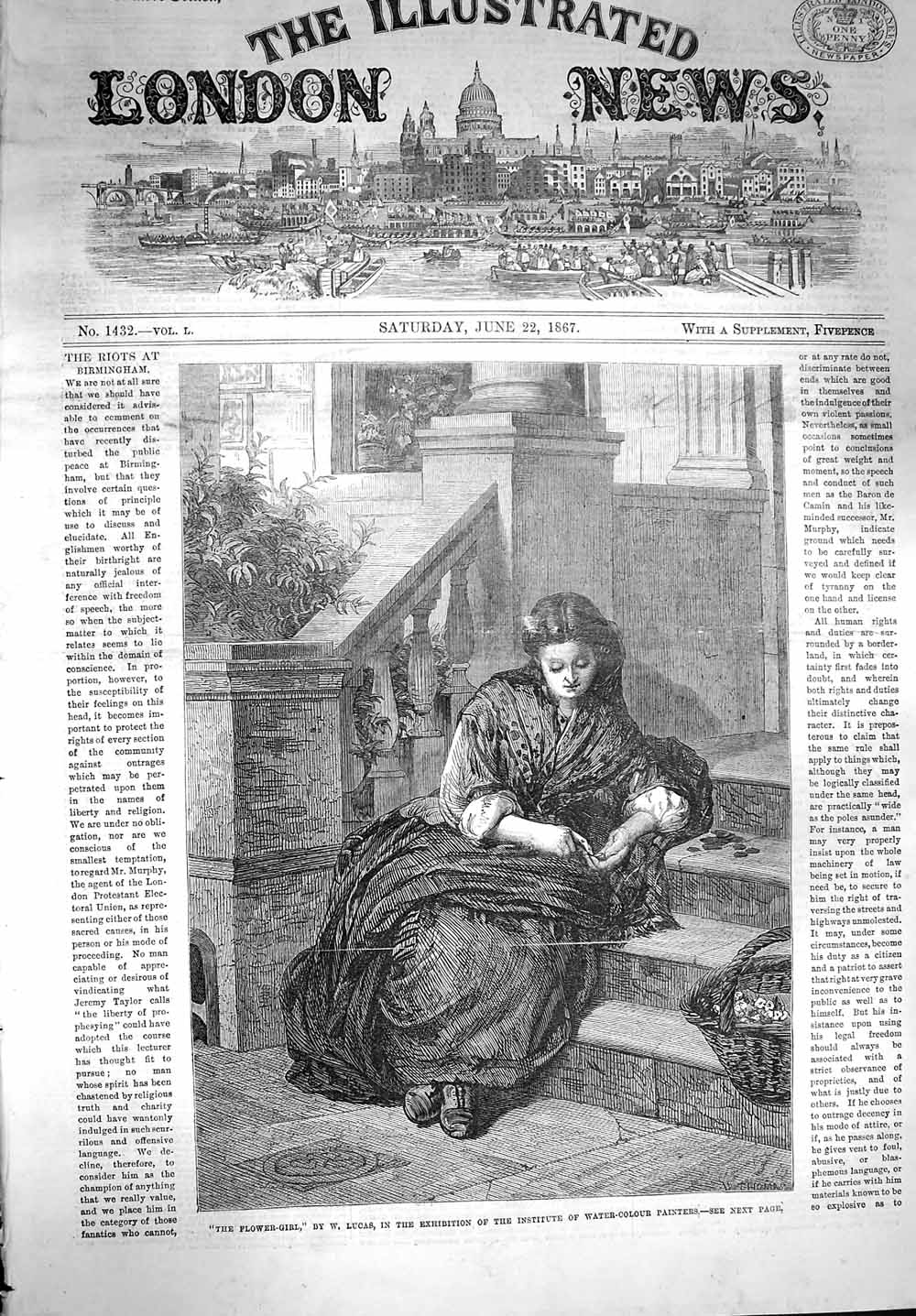 Original Old Antique Print 1867 Flower Seller Girl Sitting Door Steps Victorian