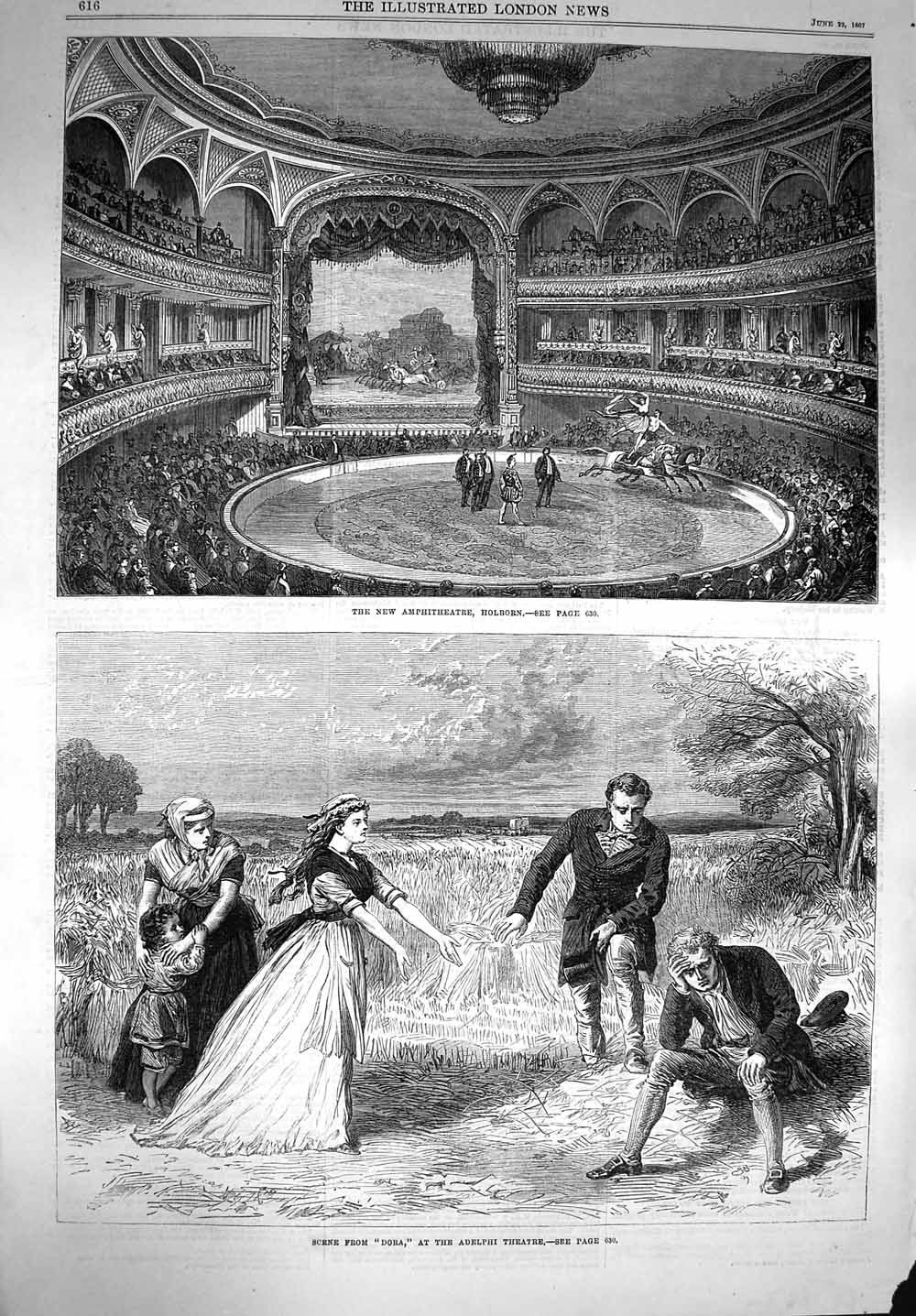 Original Old Antique Print 1867 Amphitheatre Holborn Dora Adelphi Theatr 19th