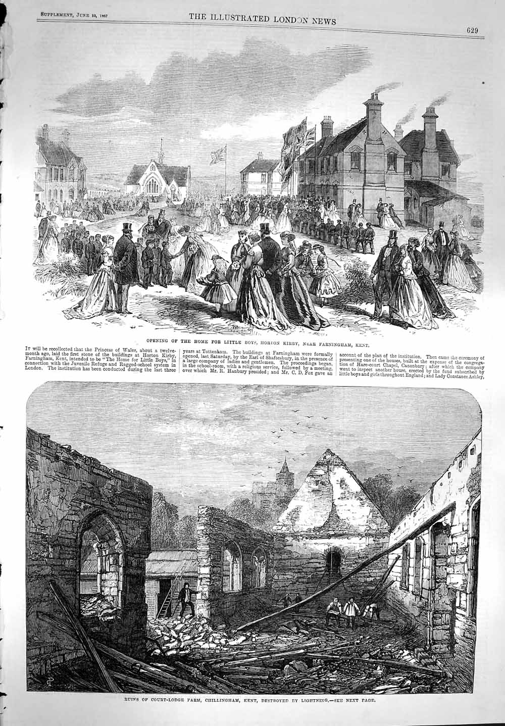Original Old Antique Print 1867 Court-Lodge Farm Kent Home Boys Horton Kirby