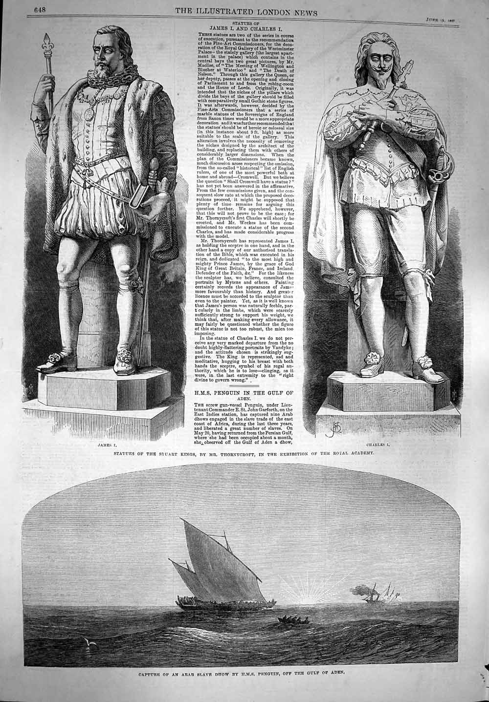 Original Old Antique Print 1867 Statue King James Charles Arab Slave Dhow Aden