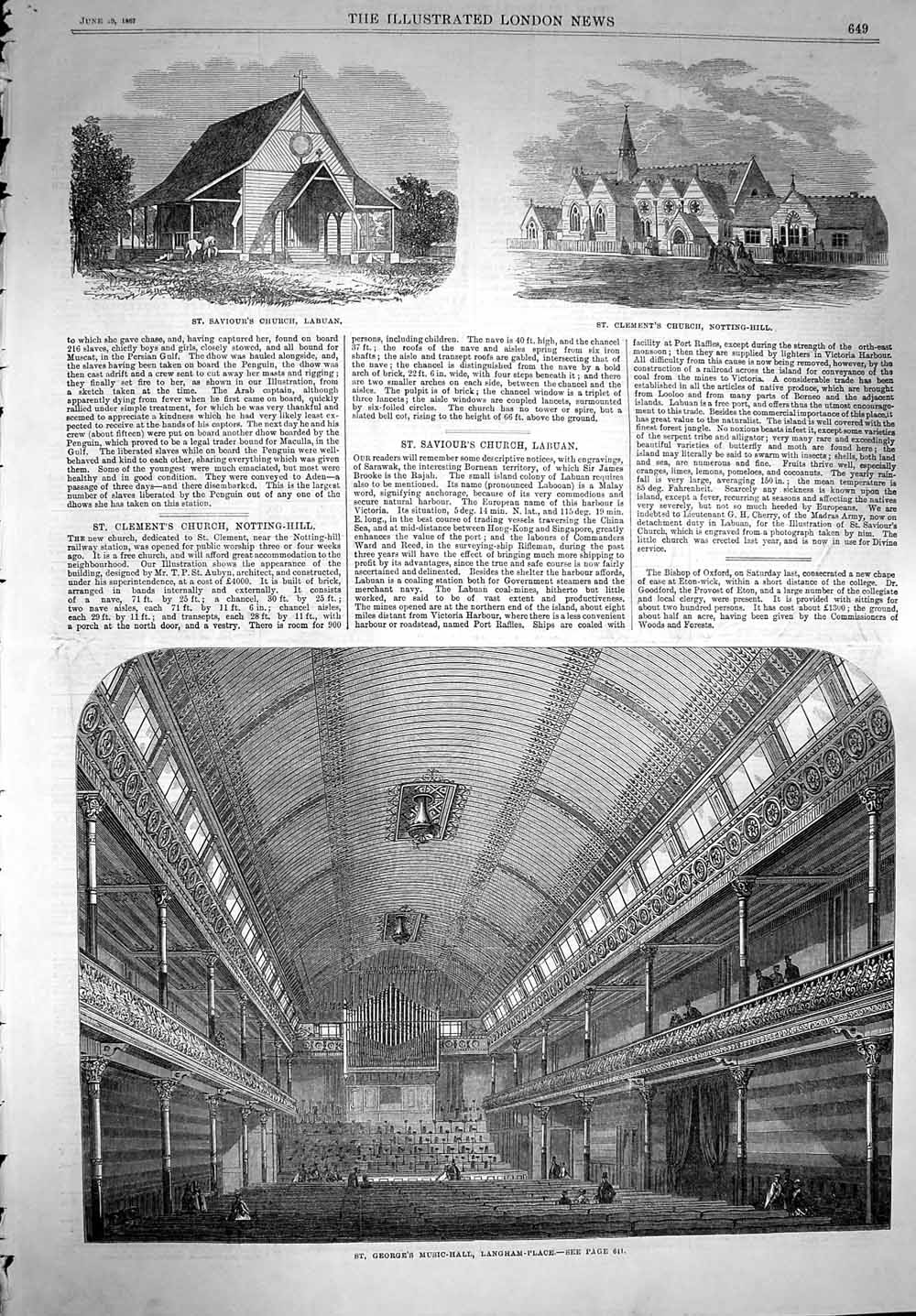 Original Old Antique Print 1867 Church Labuan Notting-Hill George'S Music Hall