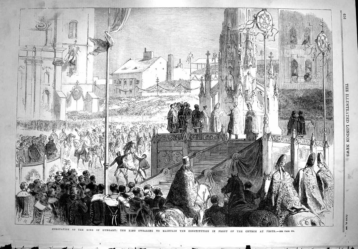 Original Old Antique Print 1867 Scene Coronation King Hungary Church Pesth 19th