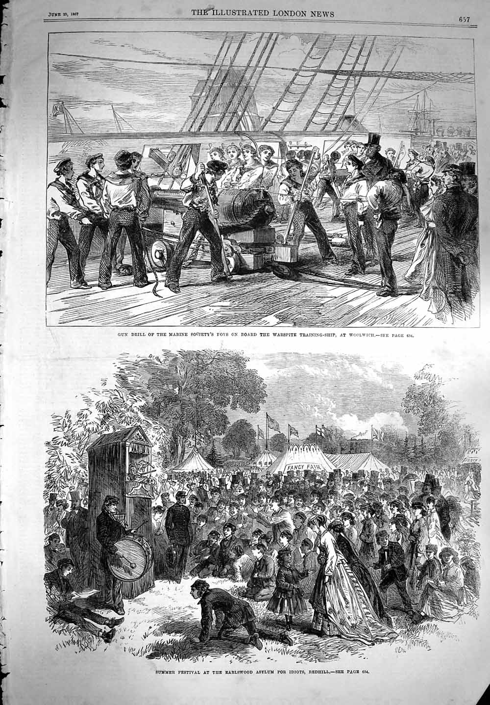 Old Antique Print 1867 Earlswood Asylum Idiots Redhill Warspite Ship Gun 19th