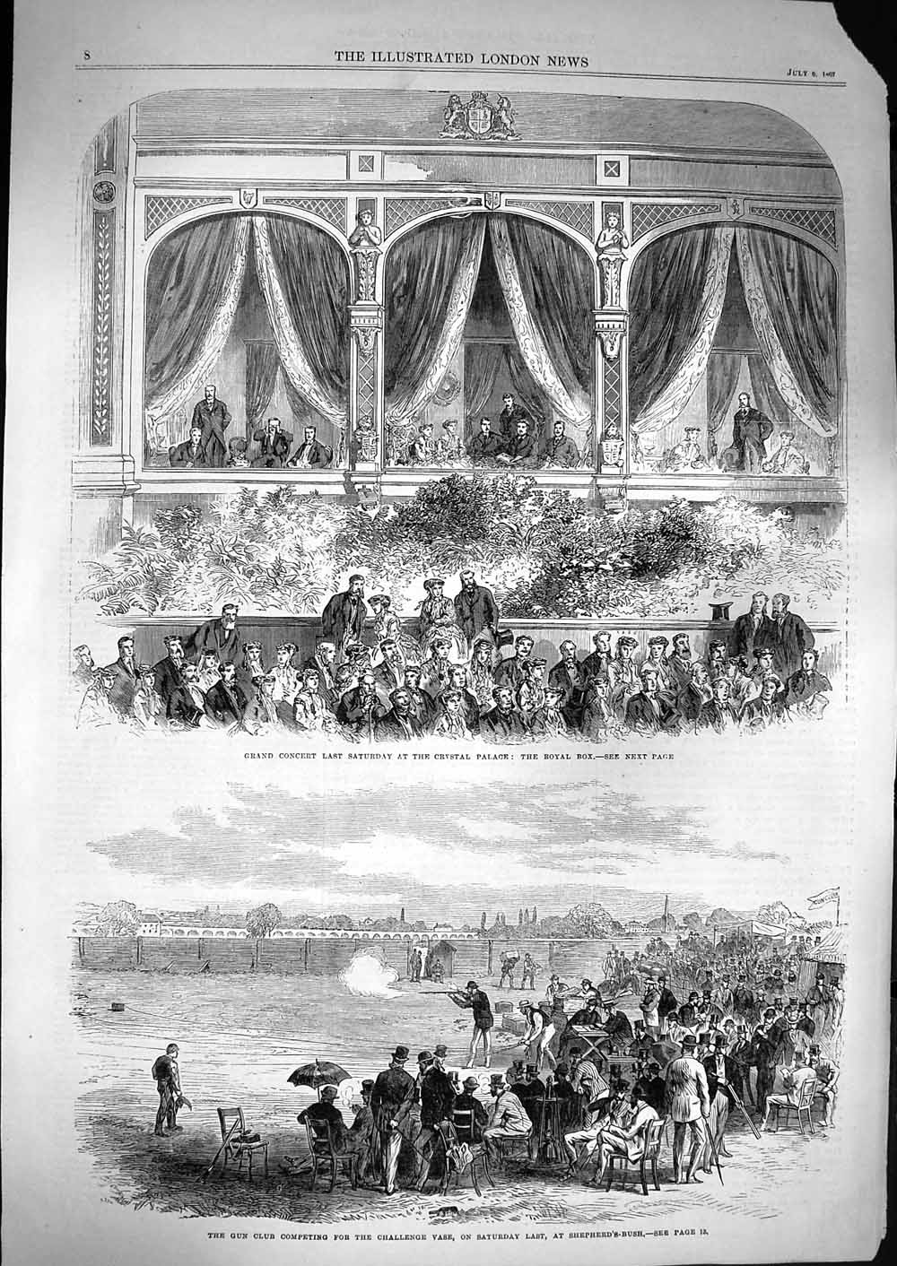 Original Old Antique Print 1867 Concert Crystal Palace Gun Club Shepherd'S Bush