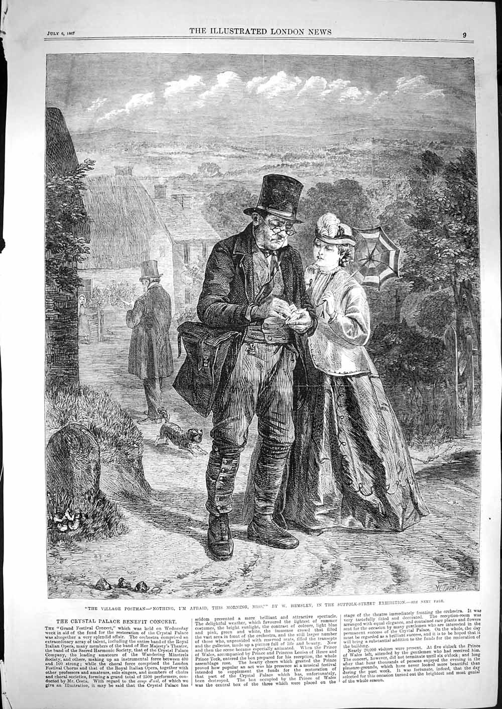 Original Old Antique Print 1867 Village Postman Letters Mail Lady Hemsley 19th