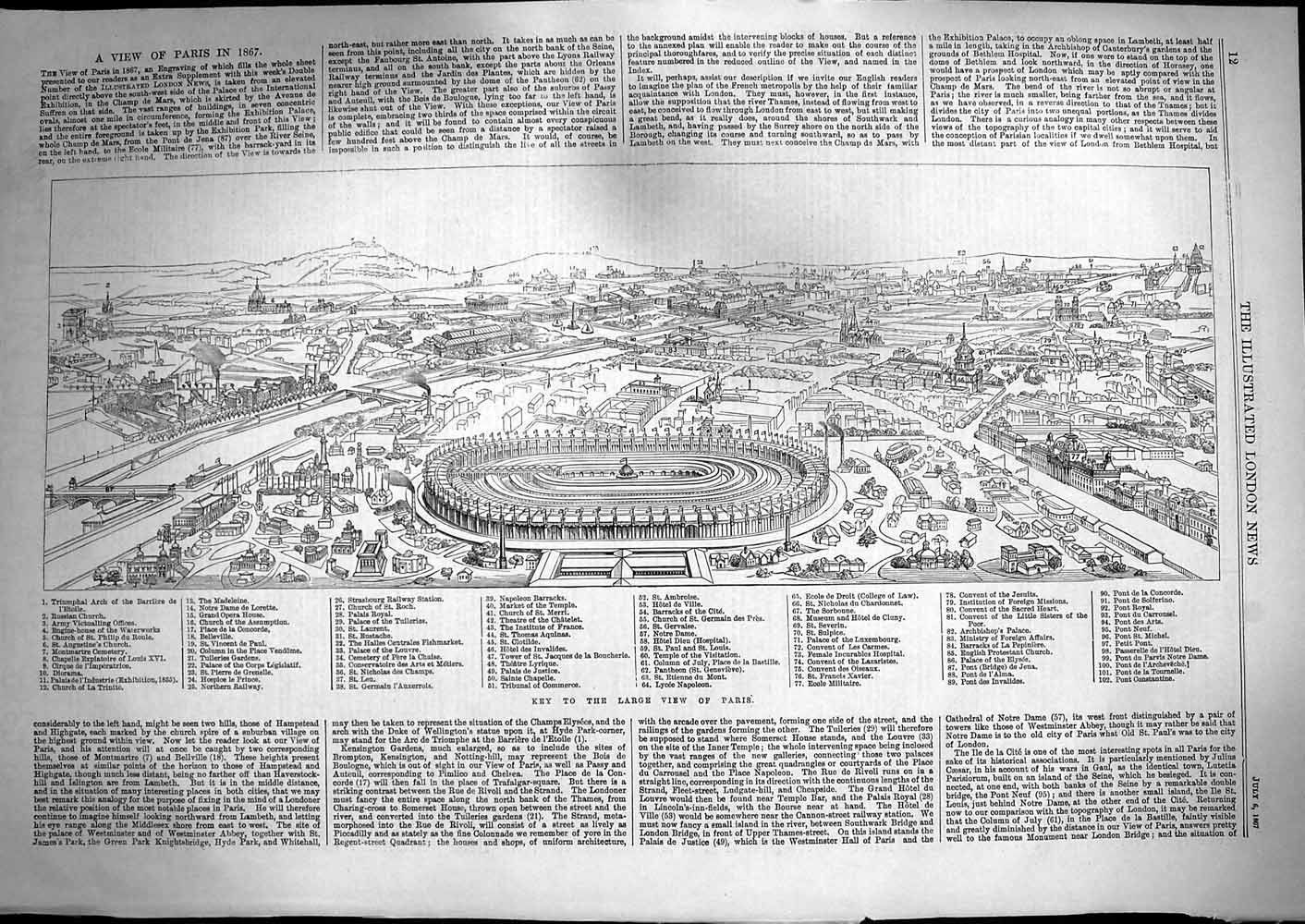 Original Old Antique Print 1867 Plan Key Large View Paris France Hotel Vill 19th