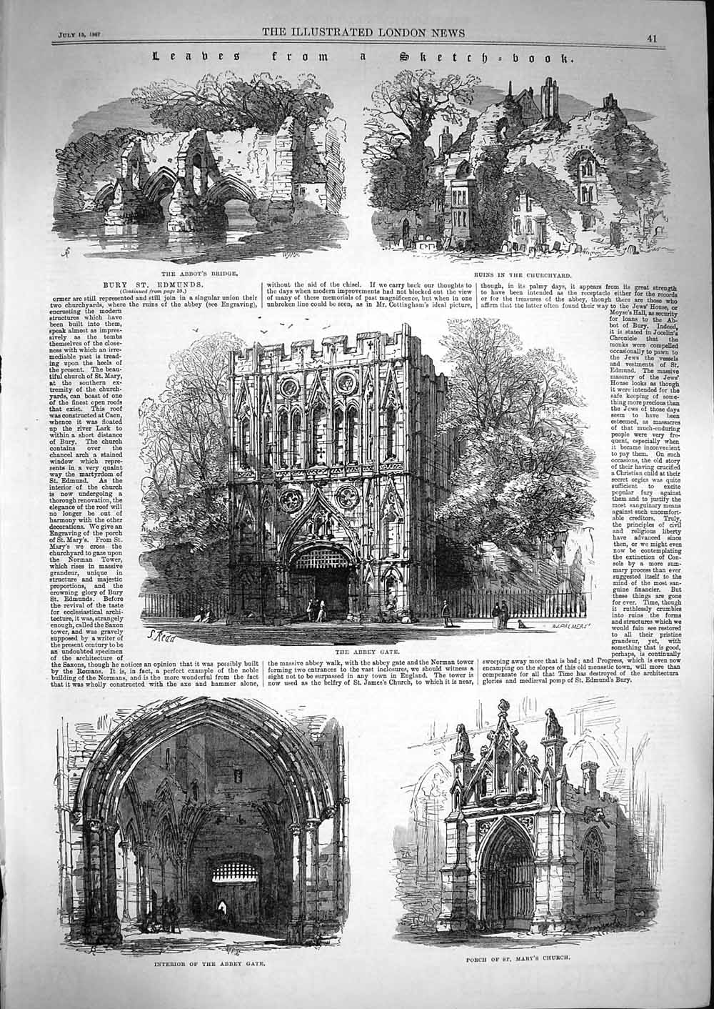 Old Antique Print 1867 Leabes Abbey Gate Abbot'S Bridge St. Mary'S Church 19th