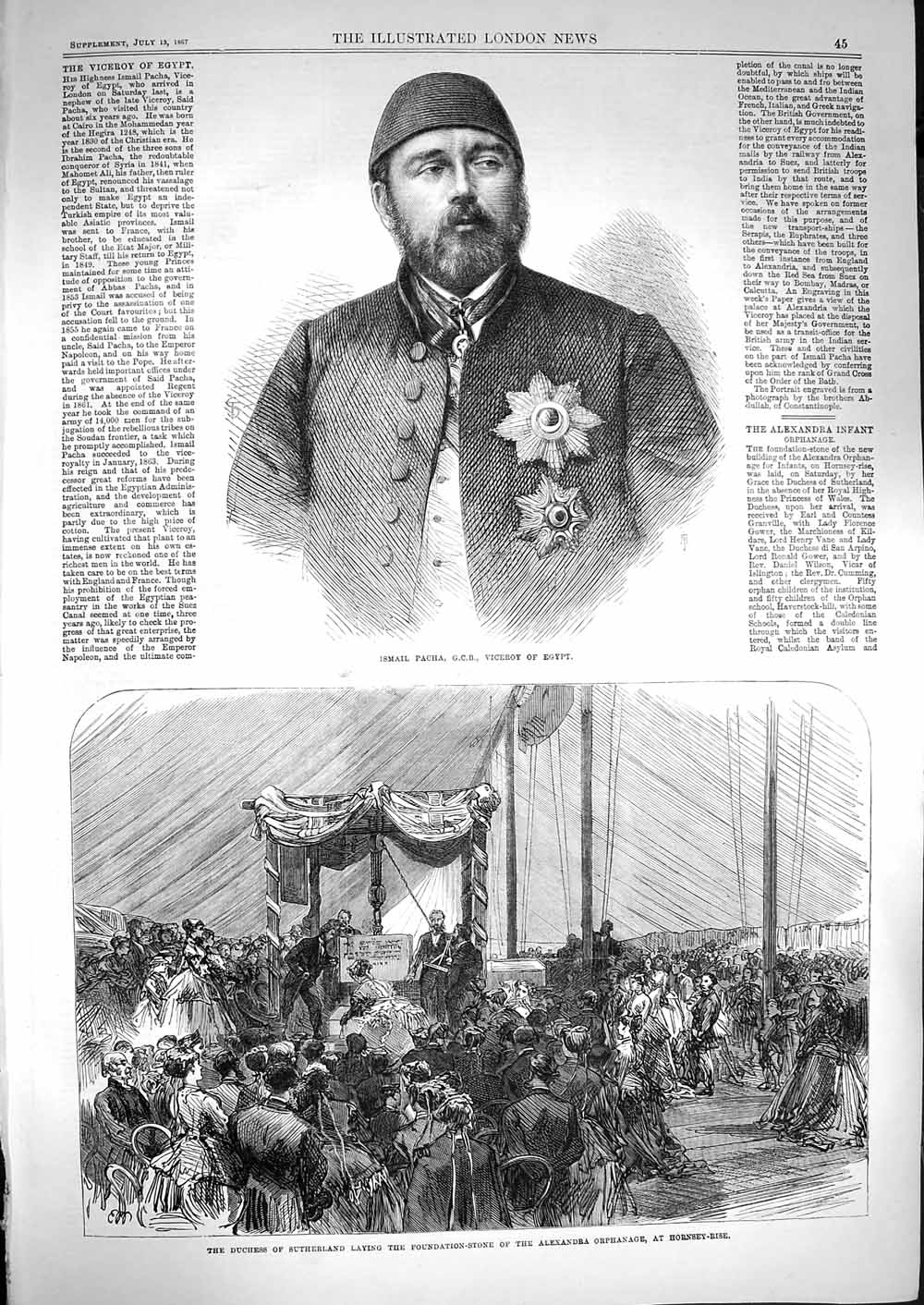 Old Antique Print 1867 Ismail Pacha Egypt Duchess Sutherland Hornsey-Rise 19th