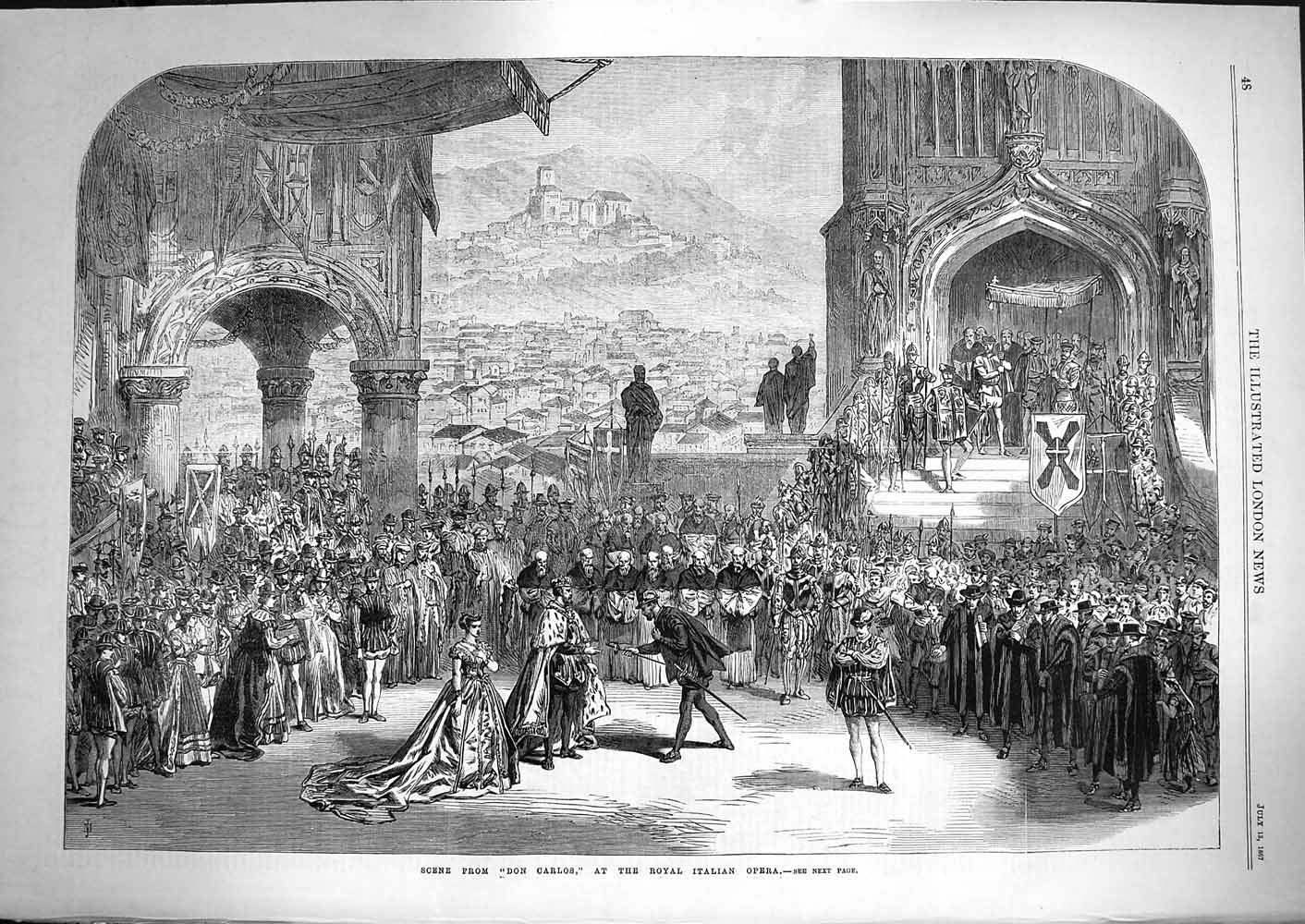 Original Old Antique Print 1867 Scene Don Carlos Royal Italian Opera Victorian