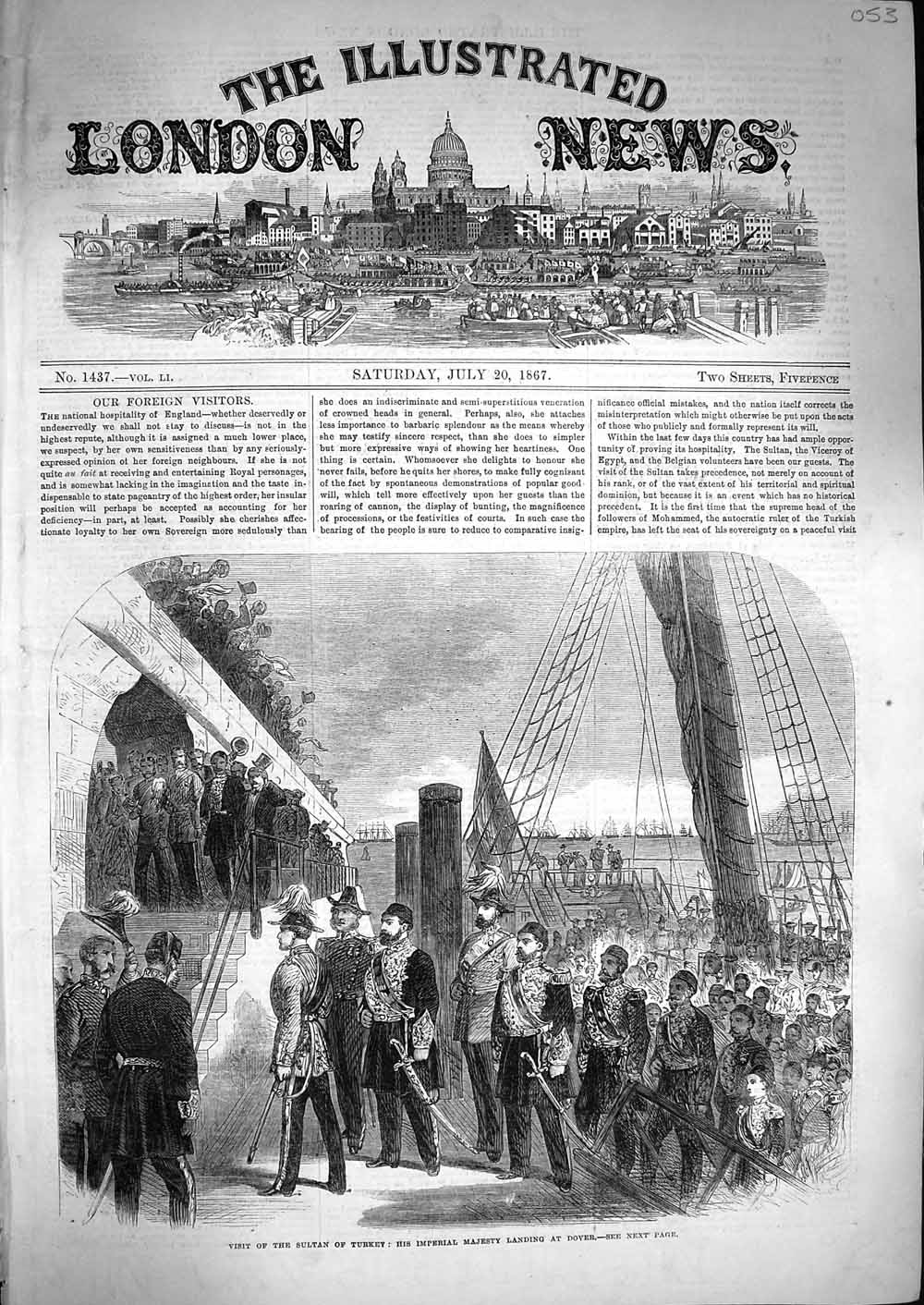 Original Old Antique Print 1867 Sultan Turkey Ship Dover Charing Cross Railway